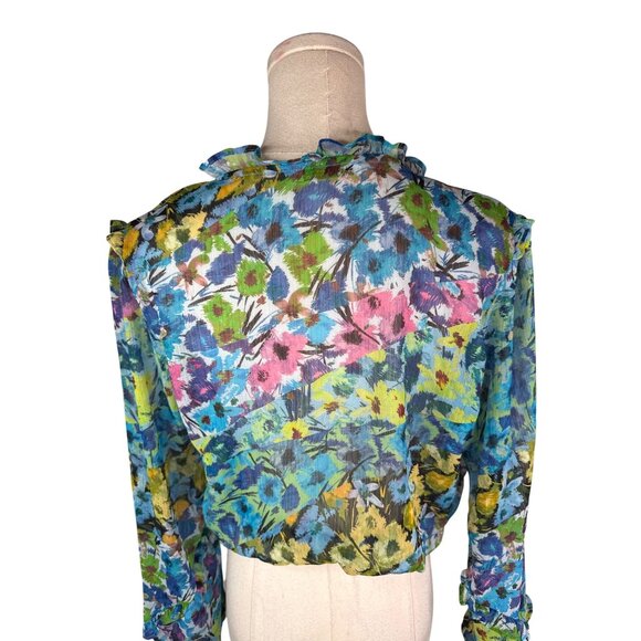 ZARA Floral Wrap Ruffle Blouse M Multicolor Sheer Long Sleeve Made In Morocco - Picture 4 of 11